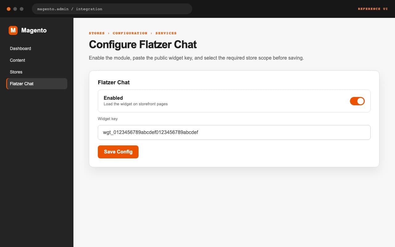 Referencia visual de la configuración de Flatzer Chat en Magento
