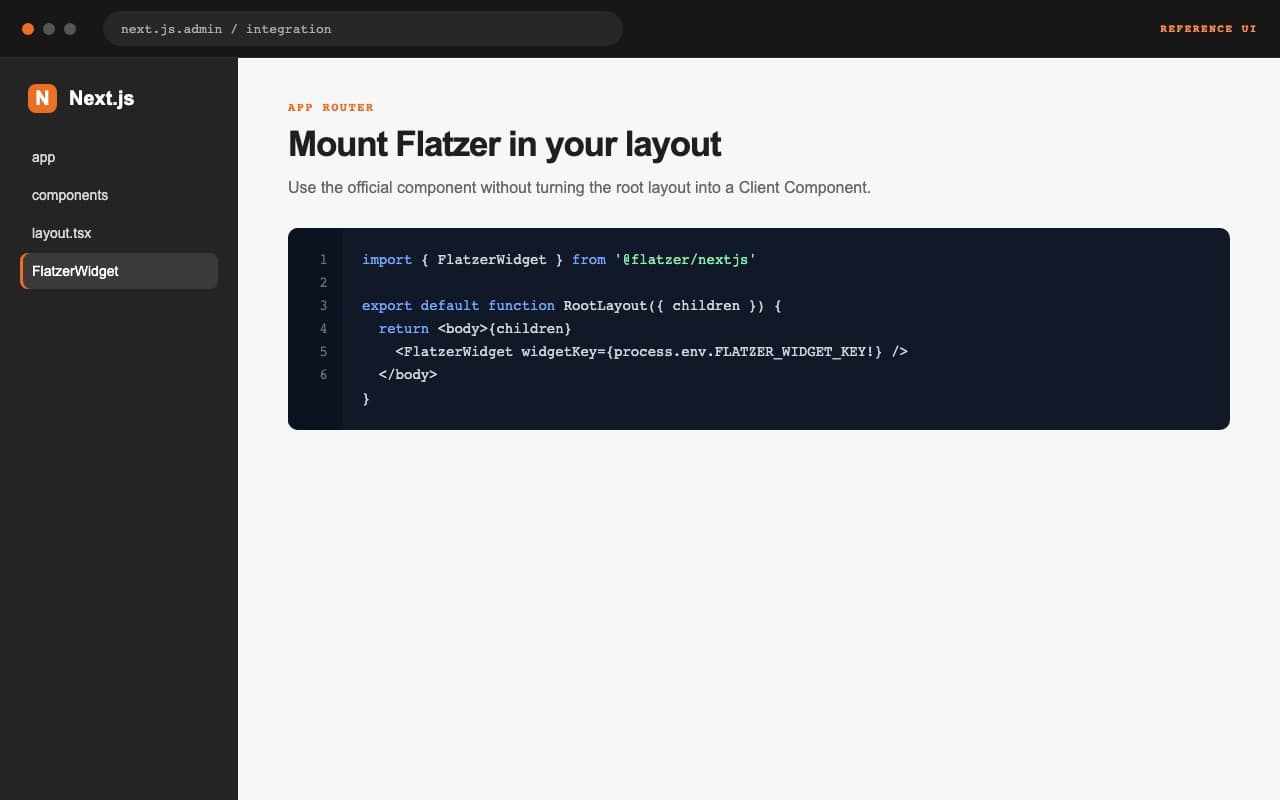 Editor con FlatzerWidget añadido a un layout de Next.js