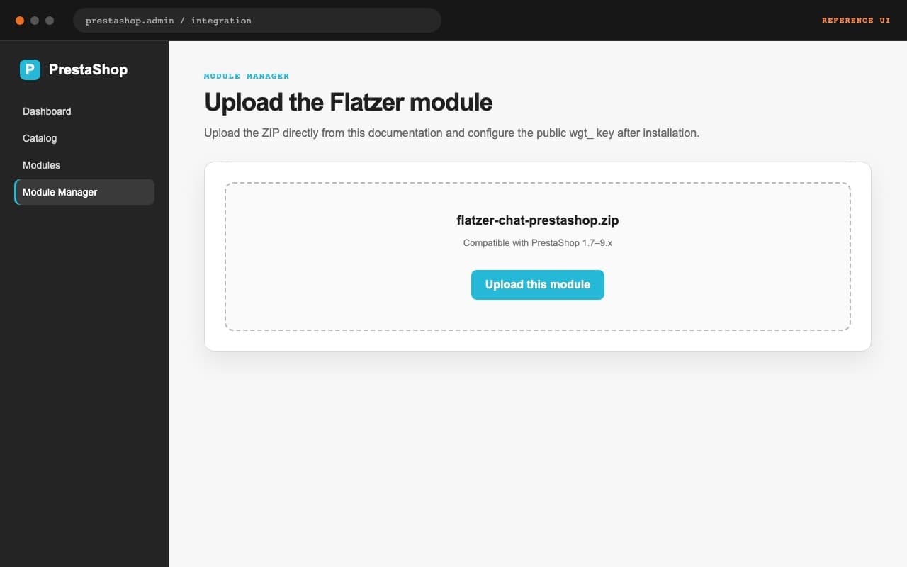 Referencia visual de Upload a module en PrestaShop