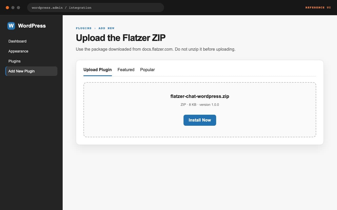 Referencia visual para subir el ZIP de Flatzer en WordPress